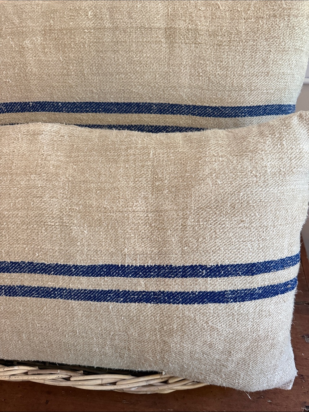 Vintage Cream Grain Sack Pillows with Blue Stripe